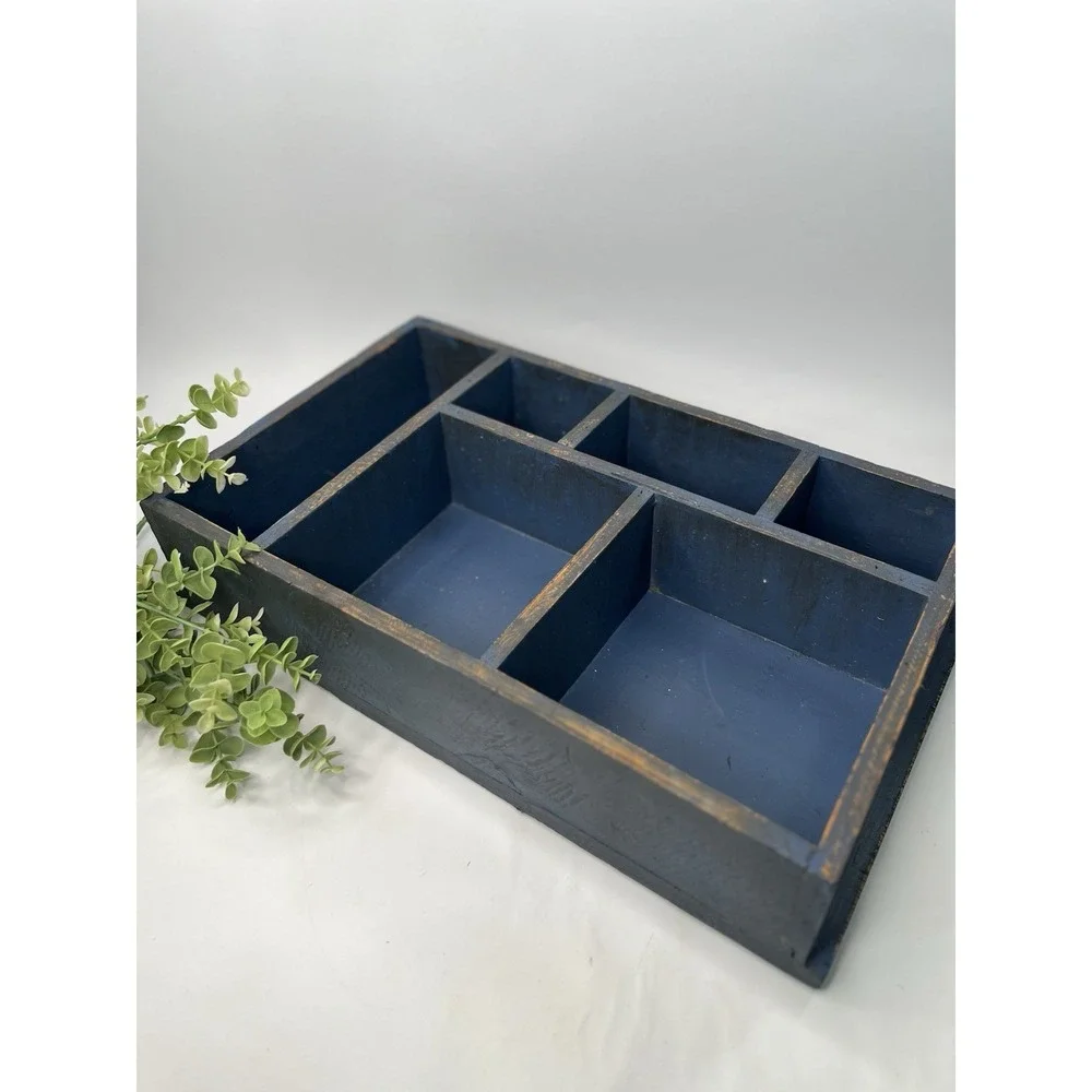 Rustic Wooden Desk Organizer Tray Distressed Navy Blue Wall Hanging Cottagecore